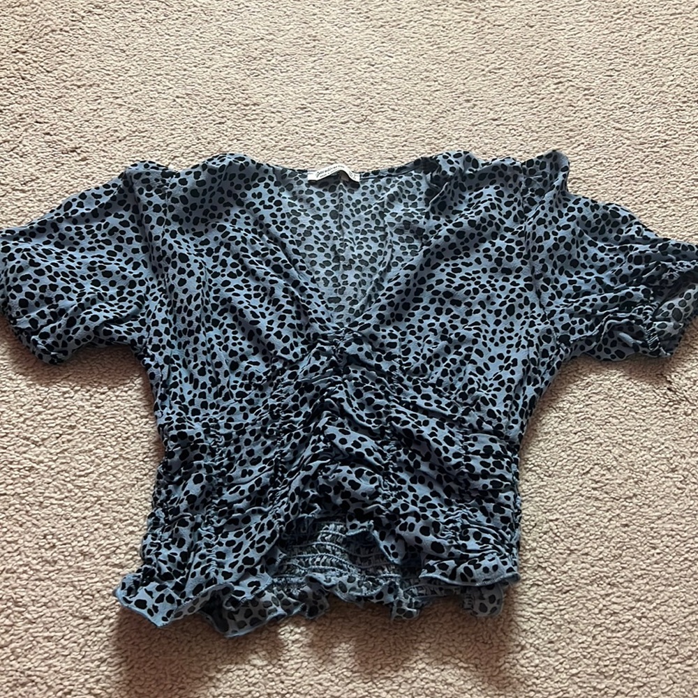 Blue and Black Puffy Sleeves Crop Top